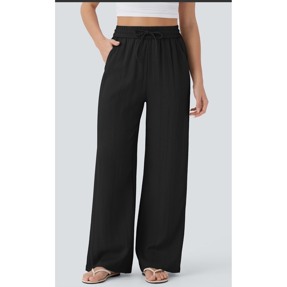 Halara High Waisted Drawstring Pocket Wide Leg Casual Linen- XLarge Tall Black